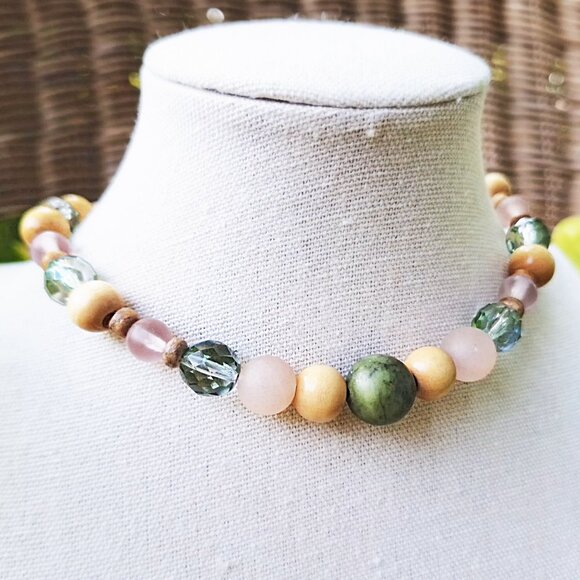 Unique Jade & Wood Bead Choker | Chunky Boho Necklace | Granola Girl Necklace - Picture 1 of 8